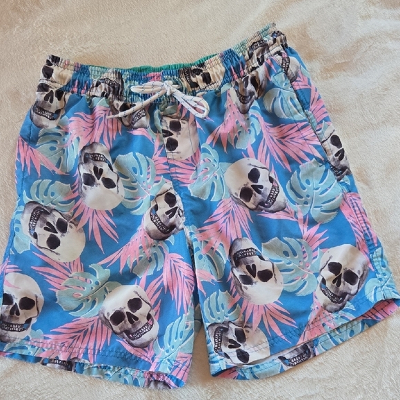NOBO Y2K SWIM TRUNKS SKULLS & LEAVES BLUE PINK COMFY STUFF SKATE PUNK 28/30 SURF - Picture 1 of 8